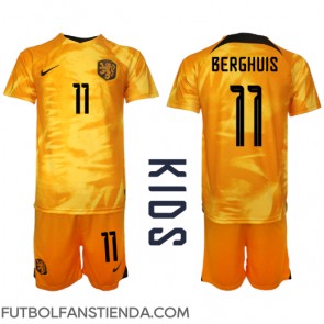 Países Bajos Steven Berghuis #11 Primera Equipación Niños Mundial 2022 Manga Corta (+ Pantalones cortos)